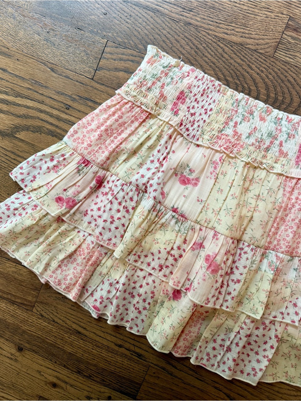 Altars State Smocked Floral Tiered Mini Skirt - Pink Cream